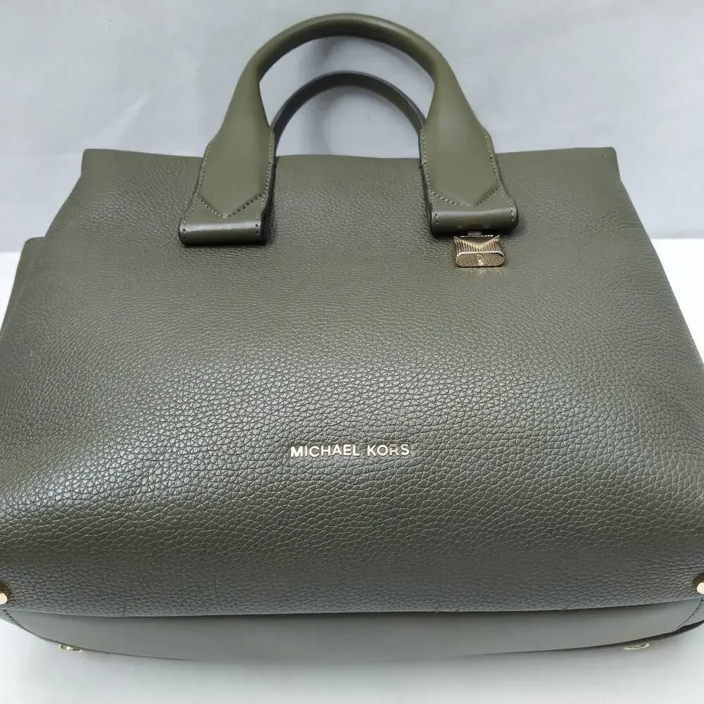 Michael Kors Rollins Olive Green Pebbled Leather Double Handles Satchel Bag